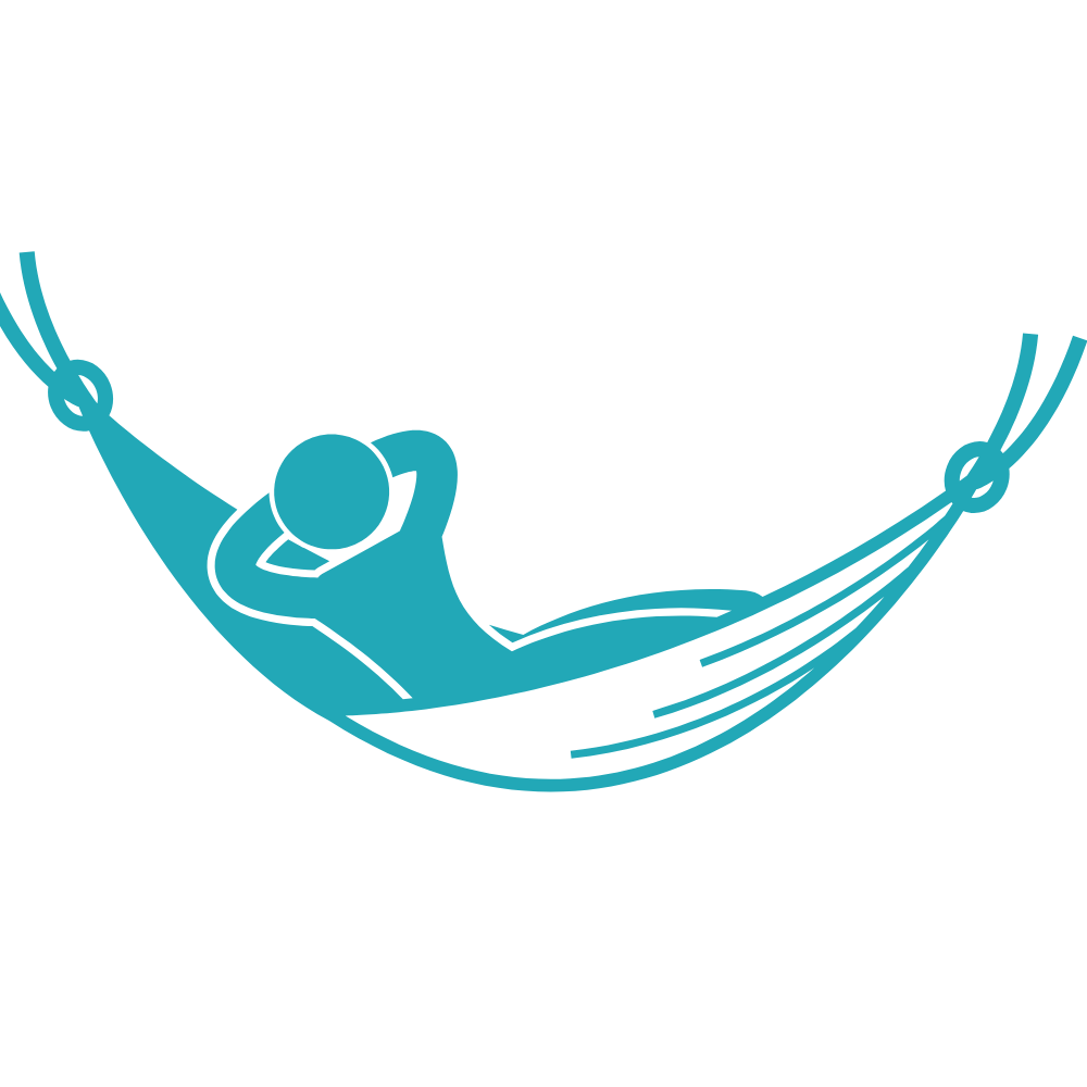 Um ícone minimalista de um redário, com uma rede suspensa entre duas árvores, simbolizando as áreas de descanso e relaxamento disponíveis no camping.