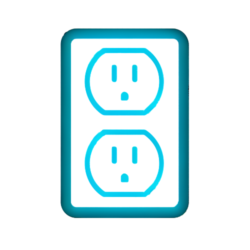 Um ícone minimalista de uma tomada elétrica, representando o acesso à energia nas áreas do camping, simbolizando a infraestrutura e conforto proporcionados.